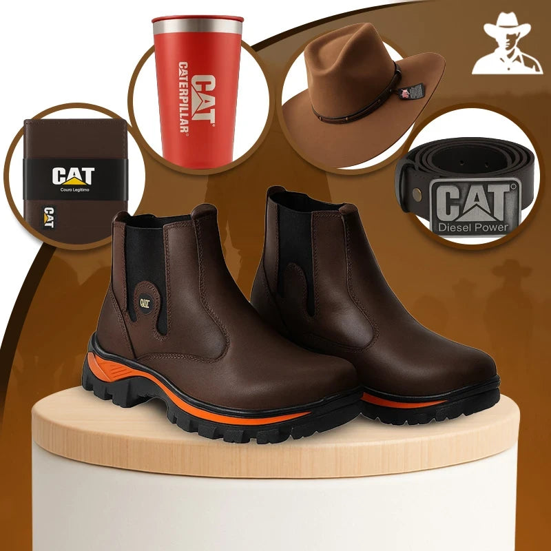 Bota Masculina Adventure em Couro Legítimo e Palmilha Ortopédica + BRINDES: Chapéu, Cinto, Carteira e Copo