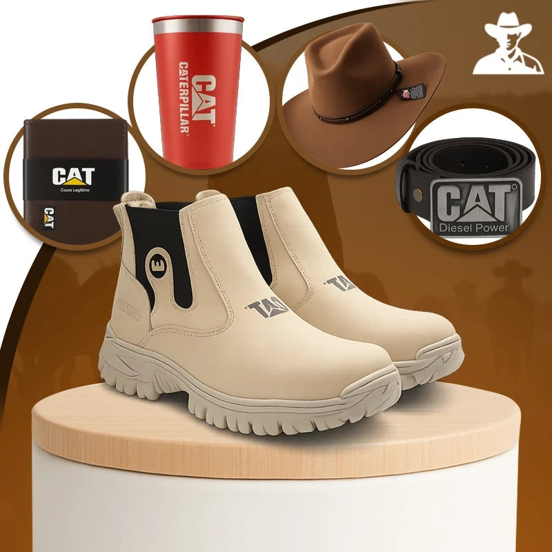 Bota Masculina Adventure em Couro Legítimo e Palmilha Ortopédica + BRINDES: Chapéu, Cinto, Carteira e Copo