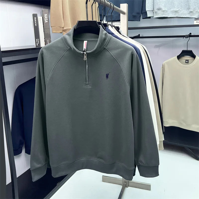 Camiseta masculina de manga comprida com meio zíper, outono plus size, meia-idade e jovem, gola polo com logotipo de pônei bordado