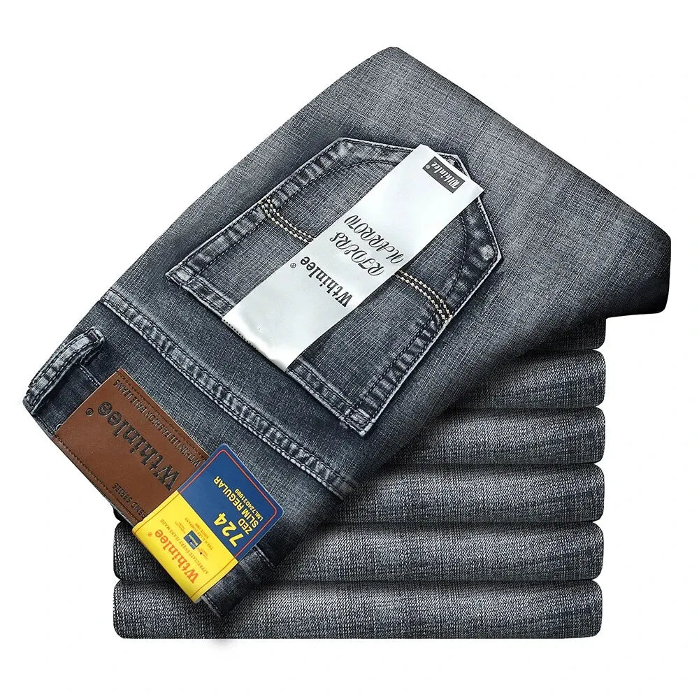 Wthinlee novo negócio calças de brim masculinas casual em linha reta estiramento moda clássico azul preto trabalho denim calças masculinas roupas marca