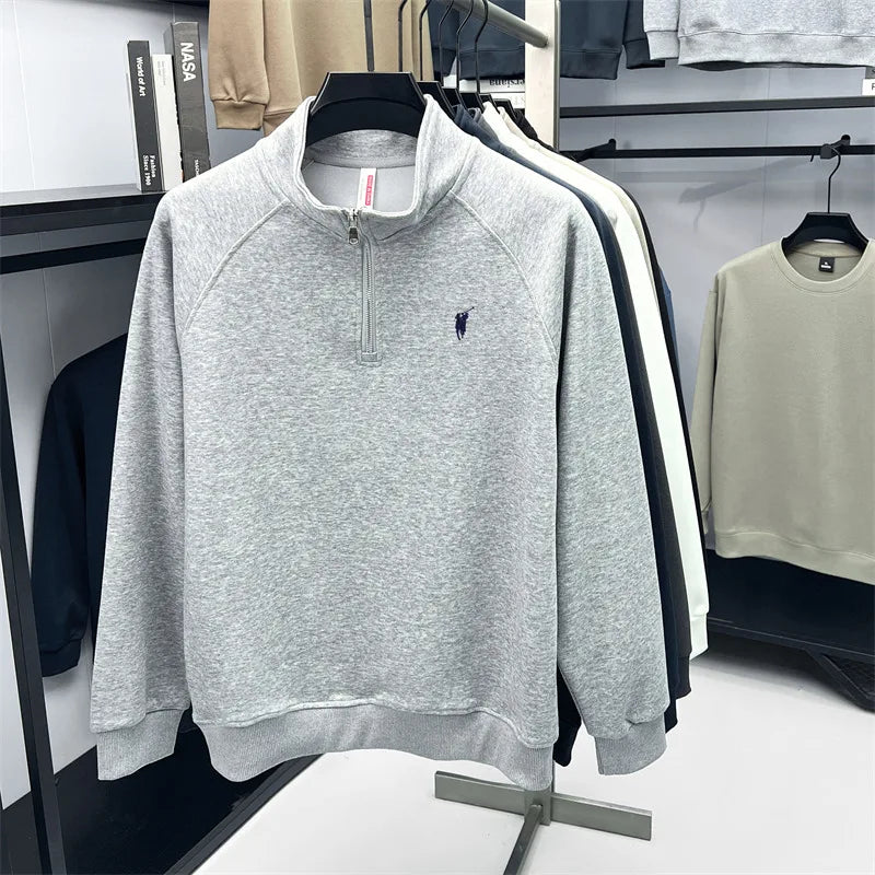Camiseta masculina de manga comprida com meio zíper, outono plus size, meia-idade e jovem, gola polo com logotipo de pônei bordado