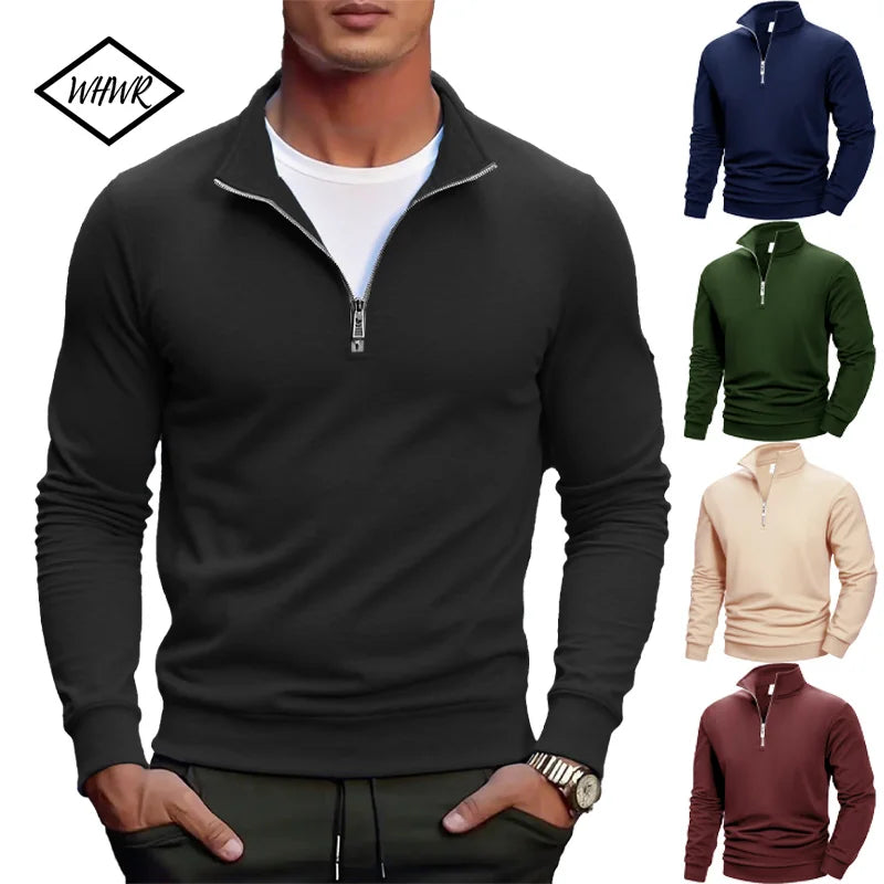 Outono masculino quarto zip up sweatshirts fino ajuste leve ao ar livre mock neck pulôver suéteres meia gola alta malha streetwear