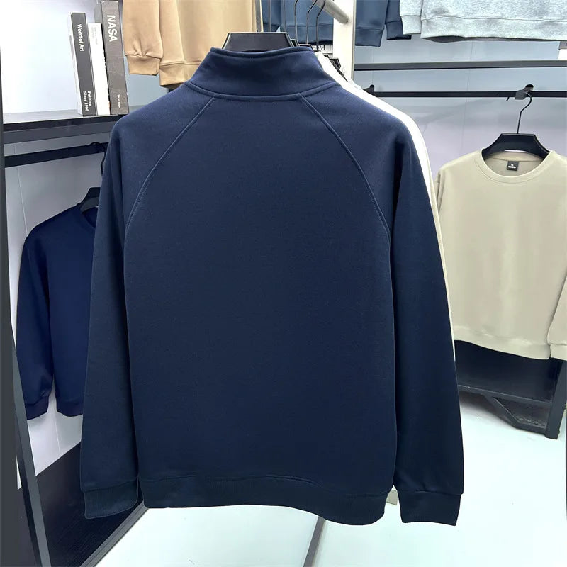 Camiseta masculina de manga comprida com meio zíper, outono plus size, meia-idade e jovem, gola polo com logotipo de pônei bordado