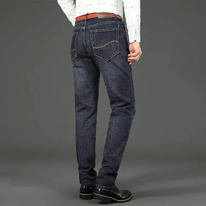 Wthinlee novo negócio calças de brim masculinas casual em linha reta estiramento moda clássico azul preto trabalho denim calças masculinas roupas marca